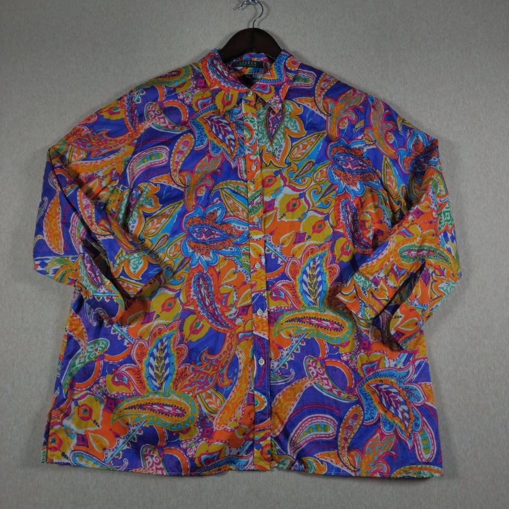 Paisley Floral Button Down Shirt Lauren Ralph Lauren 2X Cotton Colorful Boho Y2K